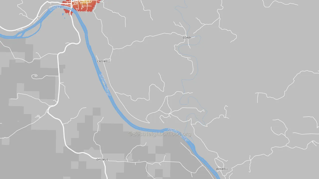 Walk Grade map of Optimus, AR, walkable areas in green and car-dependent areas in red