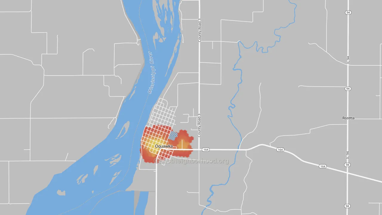 Walk Grade map of Oquawka, IL, walkable areas in green and car-dependent areas in red