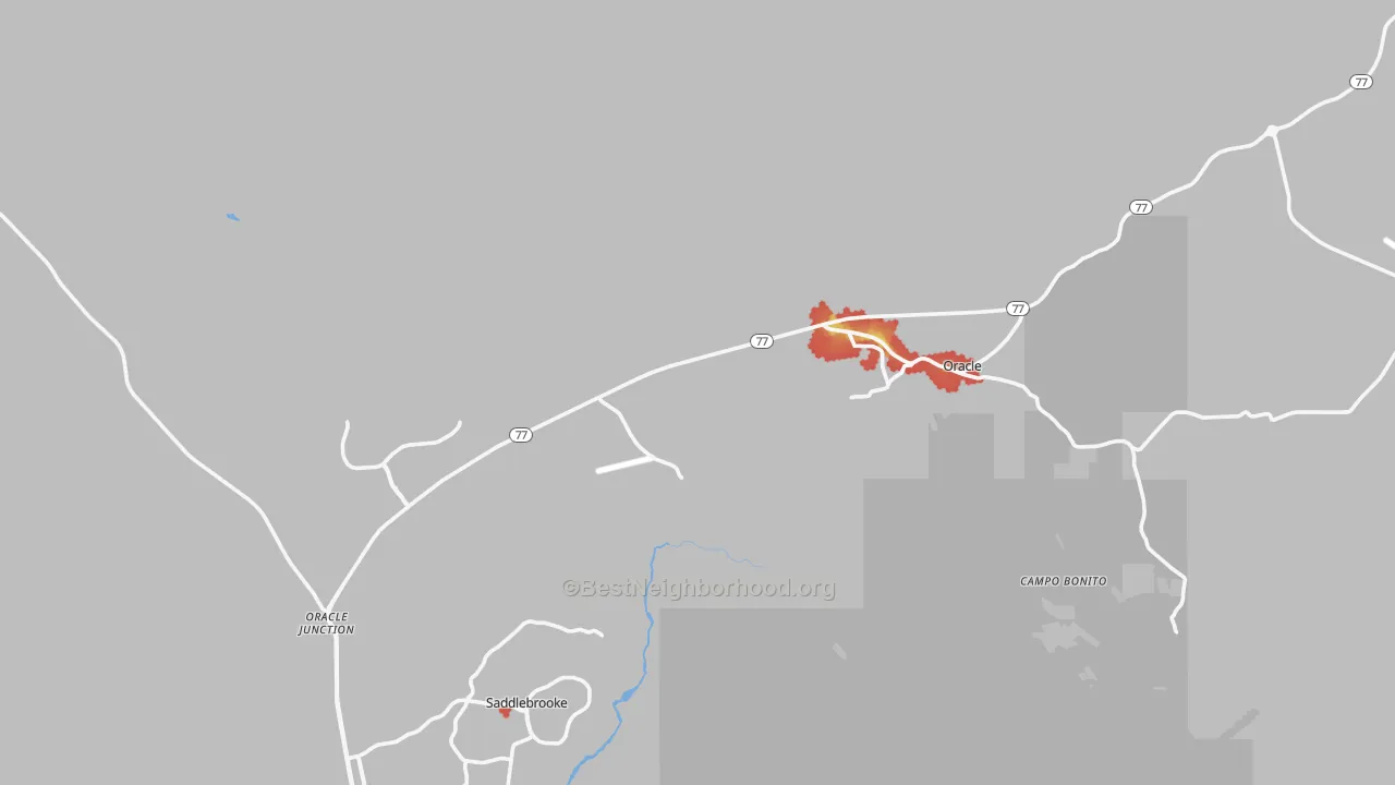 Walk Grade map of Oracle, AZ, walkable areas in green and car-dependent areas in red