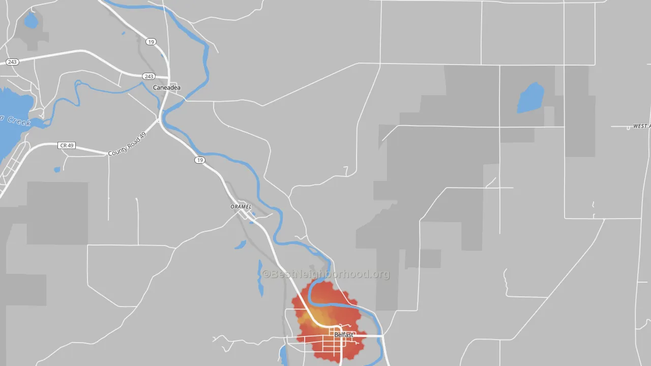 Walk Grade map of Oramel, NY, walkable areas in green and car-dependent areas in red