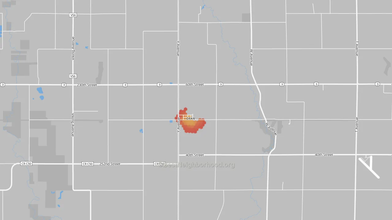 Walk Grade map of Oran, IA, walkable areas in green and car-dependent areas in red
