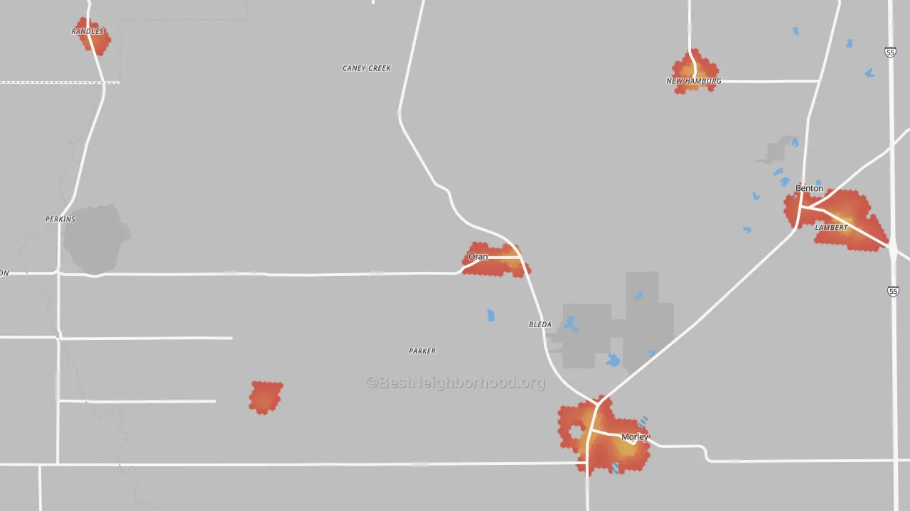 Walk Grade map of Oran, MO, walkable areas in green and car-dependent areas in red