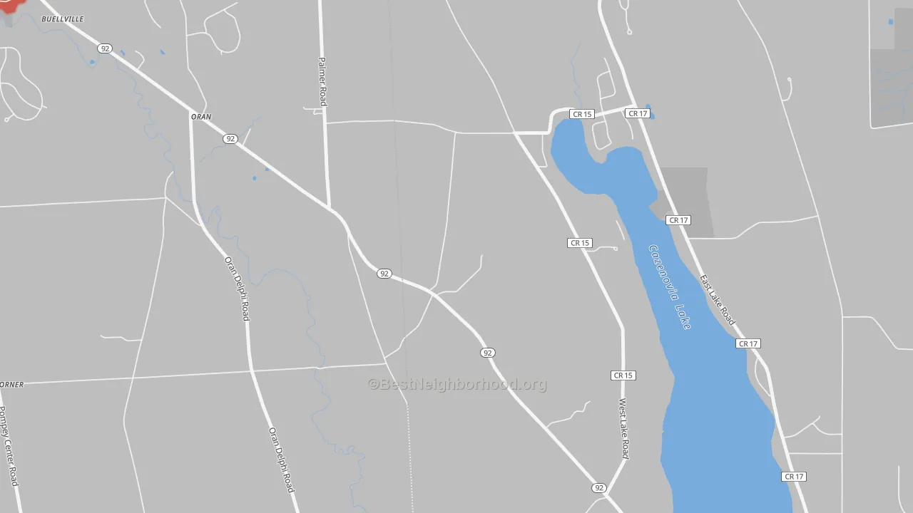 Walk Grade map of Oran, NY, walkable areas in green and car-dependent areas in red
