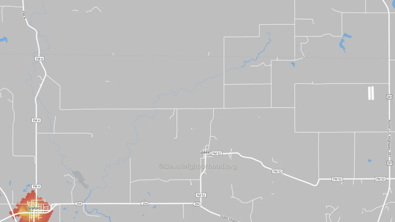 Walk Grade map of Oran, TX, walkable areas in green and car-dependent areas in red