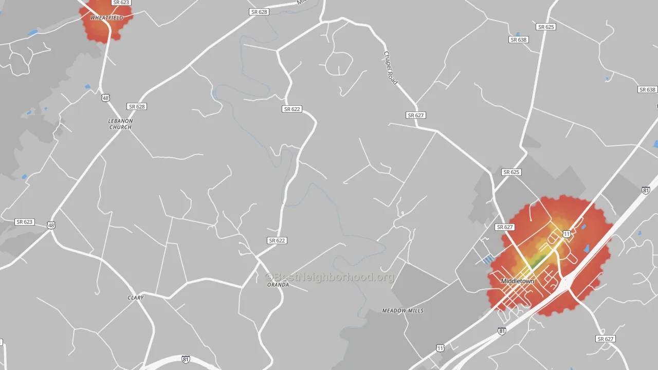 Walk Grade map of Oranda, VA, walkable areas in green and car-dependent areas in red