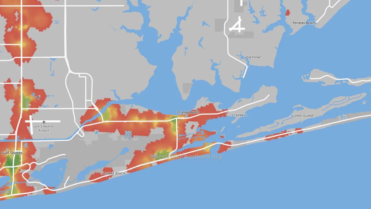 Walk Grade map of Orange Beach, AL, walkable areas in green and car-dependent areas in red