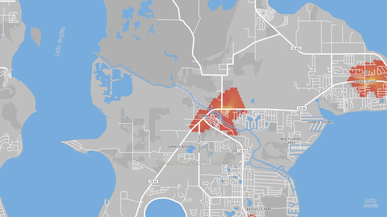 Walk Grade map of Orange Bend, FL, walkable areas in green and car-dependent areas in red