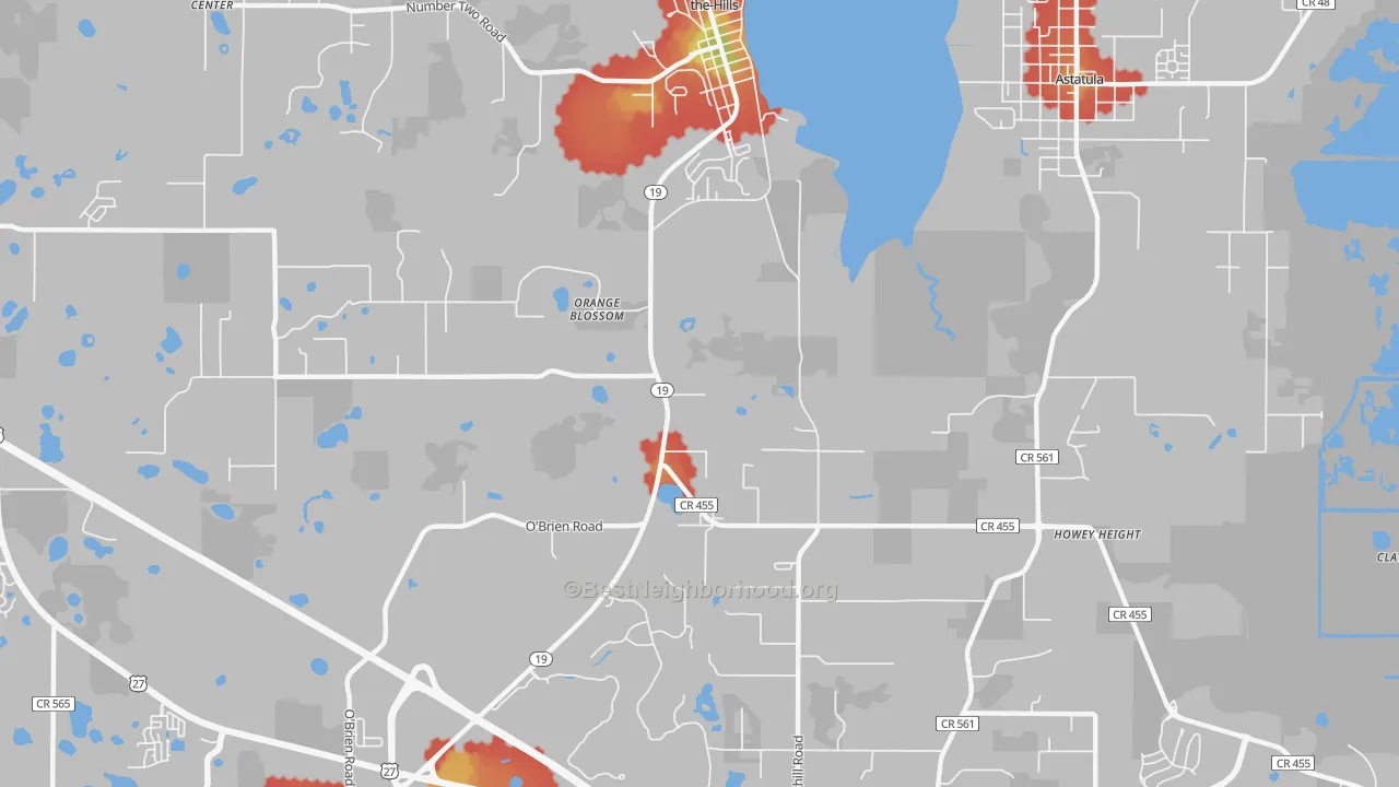 Walk Grade map of Orange Blossom, FL, walkable areas in green and car-dependent areas in red