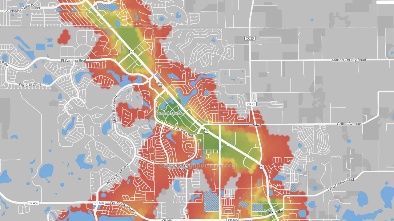 Walk Grade map of Orange Blossom Gardens, Lady Lake, FL, walkable areas in green and car-dependent areas in red