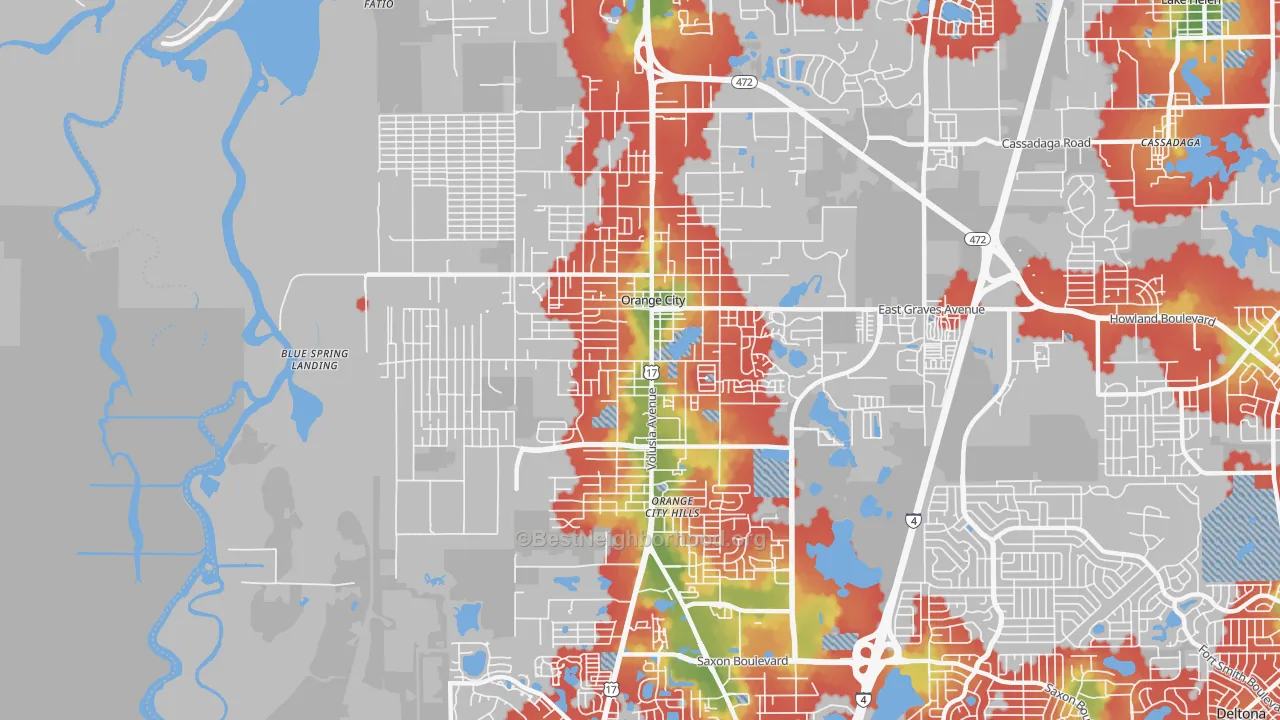 Walk Grade map of Orange City, FL, walkable areas in green and car-dependent areas in red