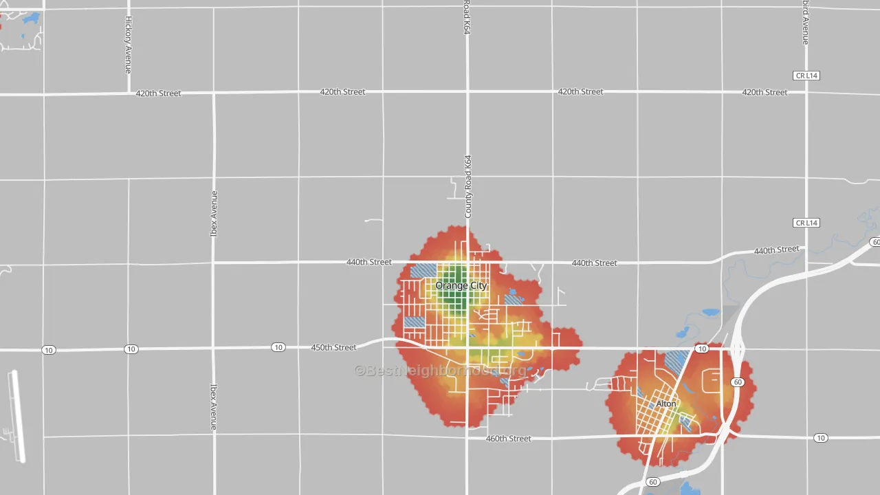 Walk Grade map of Orange City, IA, walkable areas in green and car-dependent areas in red