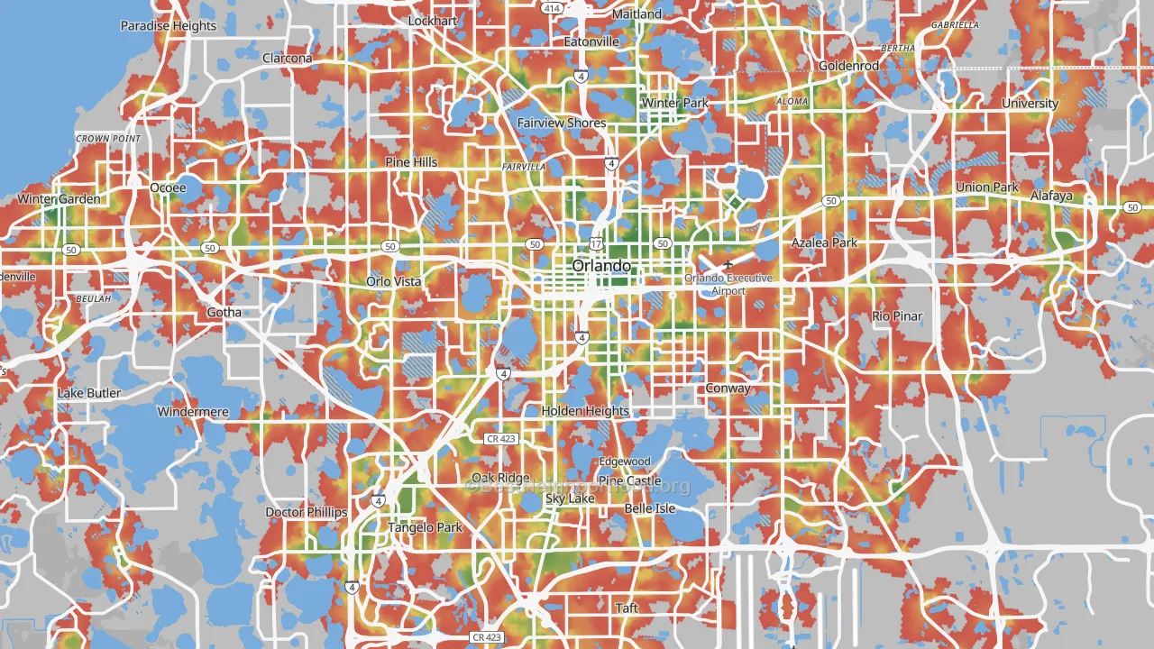 Walk Grade map of Orange County, FL, walkable areas in green and car-dependent areas in red