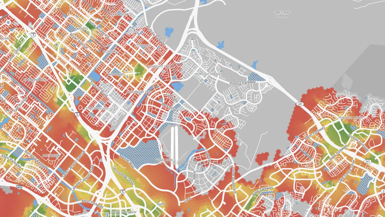 Walk Grade map of Orange County Great Park, Irvine, CA, walkable areas in green and car-dependent areas in red