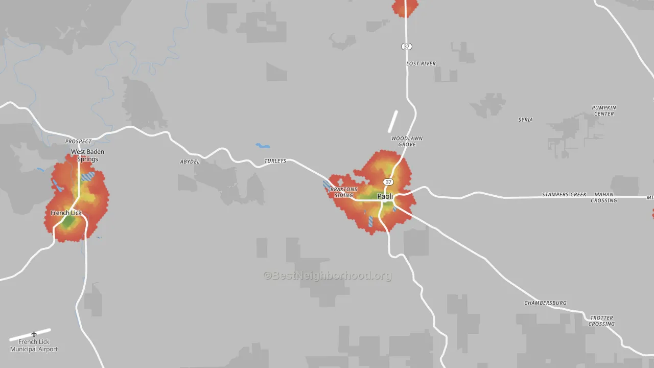 Walk Grade map of Orange County, IN, walkable areas in green and car-dependent areas in red