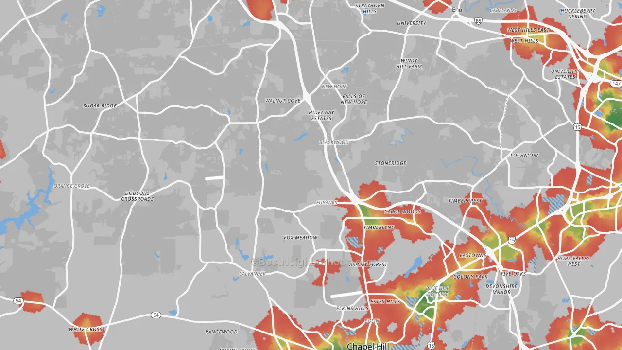 Walk Grade map of Orange County, NC, walkable areas in green and car-dependent areas in red