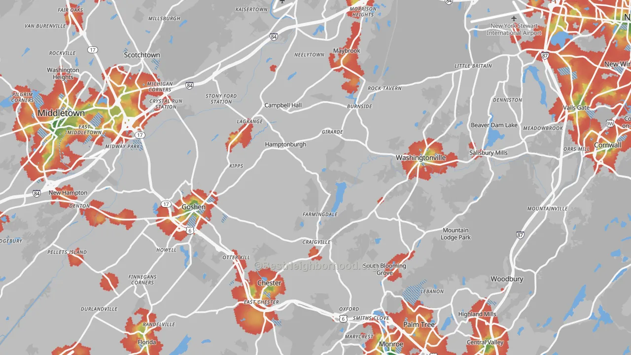 Walk Grade map of Orange County, NY, walkable areas in green and car-dependent areas in red