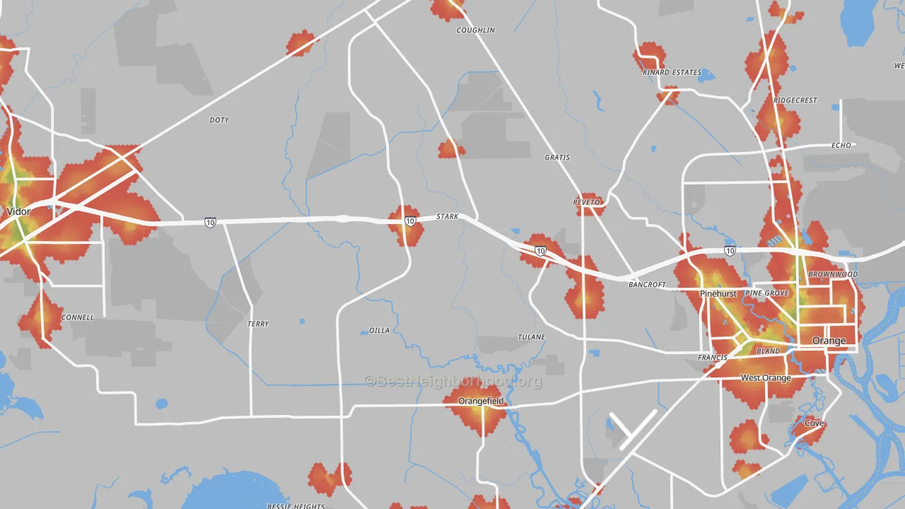 Walk Grade map of Orange County, TX, walkable areas in green and car-dependent areas in red