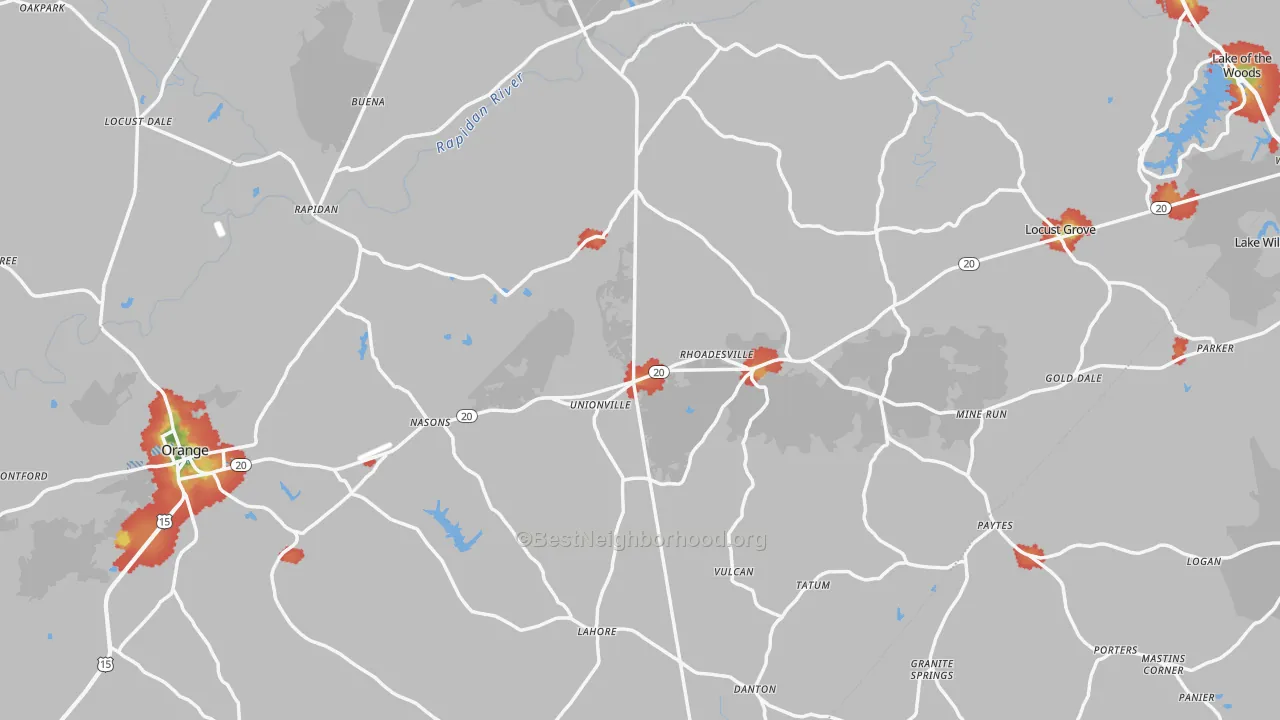 Walk Grade map of Orange County, VA, walkable areas in green and car-dependent areas in red
