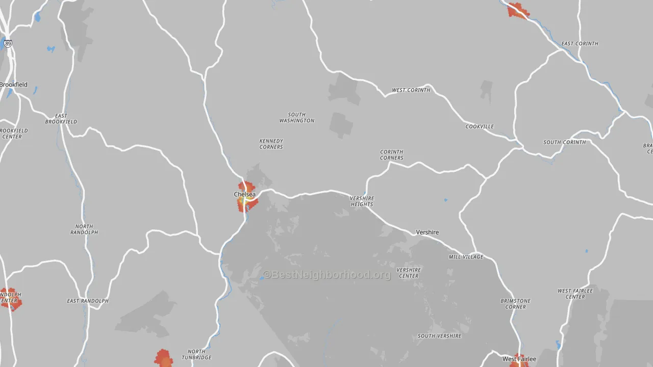 Walk Grade map of Orange County, VT, walkable areas in green and car-dependent areas in red