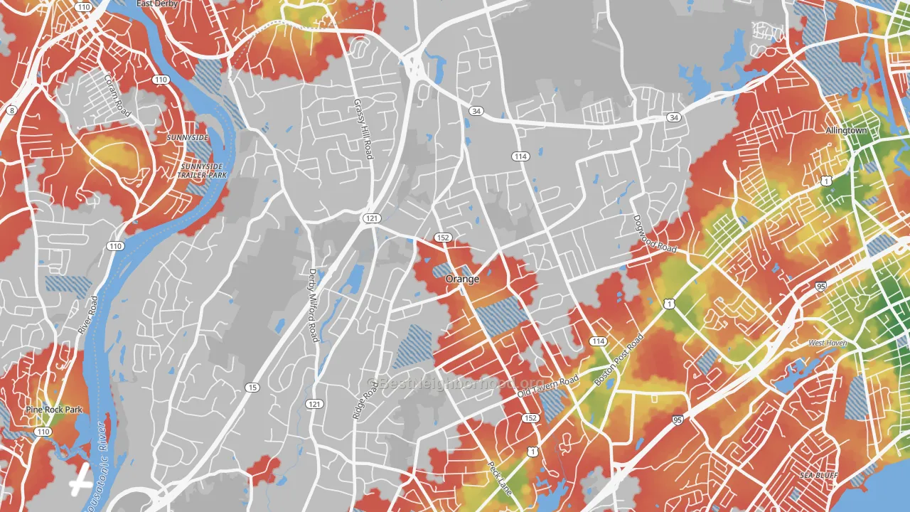 Walk Grade map of Orange, CT, walkable areas in green and car-dependent areas in red