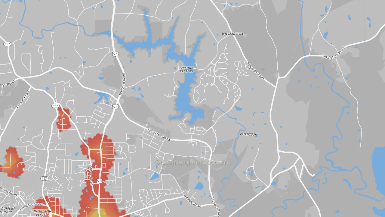 Walk Grade map of Orange Factory, NC, walkable areas in green and car-dependent areas in red