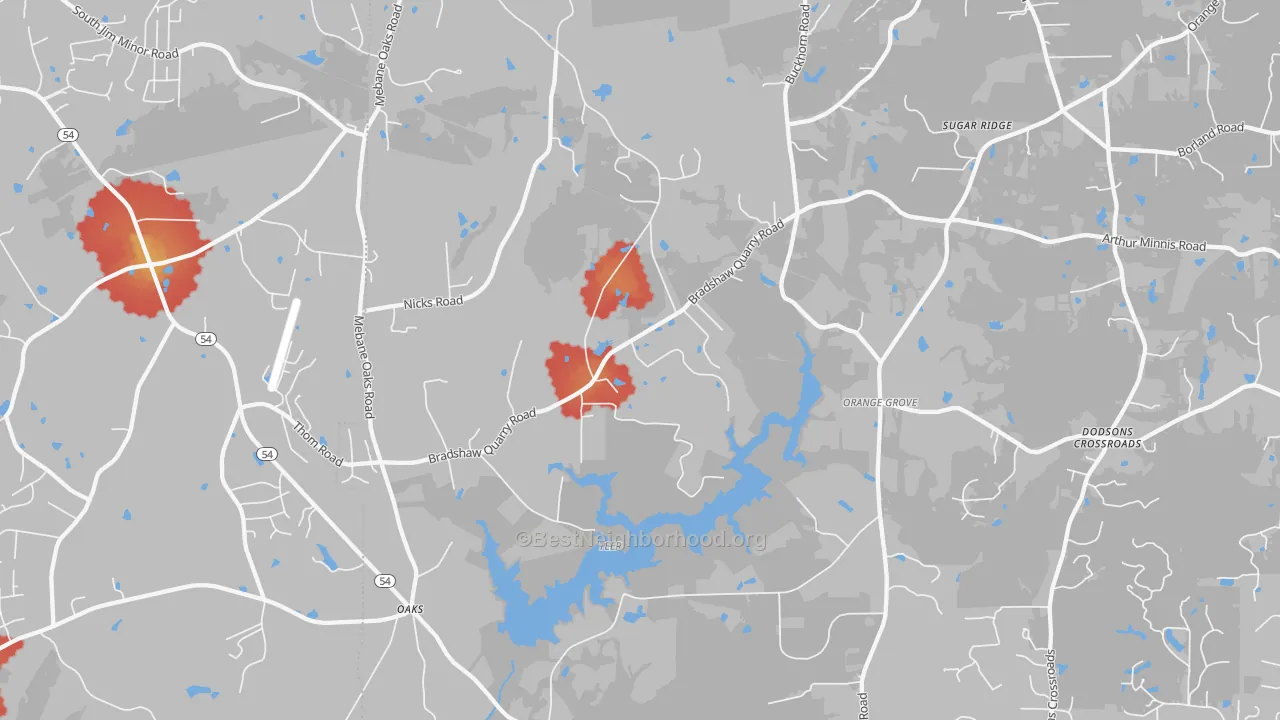 Walk Grade map of Orange Grove, NC, walkable areas in green and car-dependent areas in red