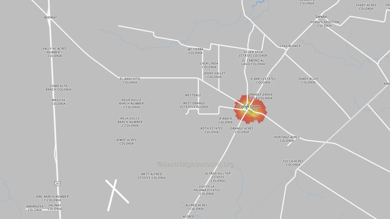 Walk Grade map of Orange Grove, TX, walkable areas in green and car-dependent areas in red