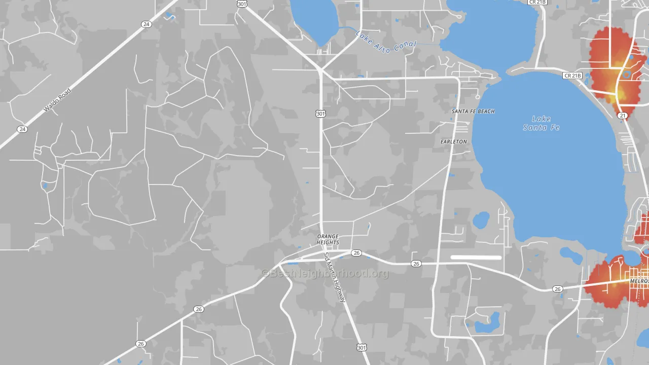 Walk Grade map of Orange Heights, FL, walkable areas in green and car-dependent areas in red