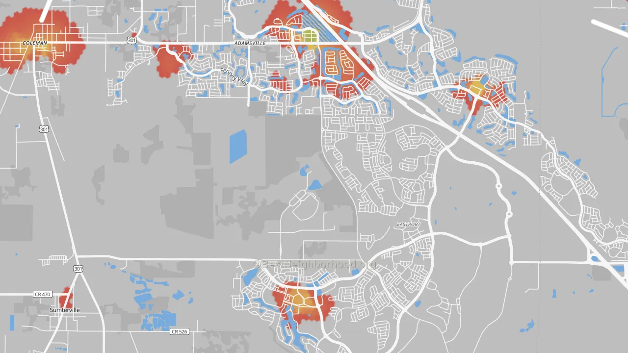 Walk Grade map of Orange Home, FL, walkable areas in green and car-dependent areas in red