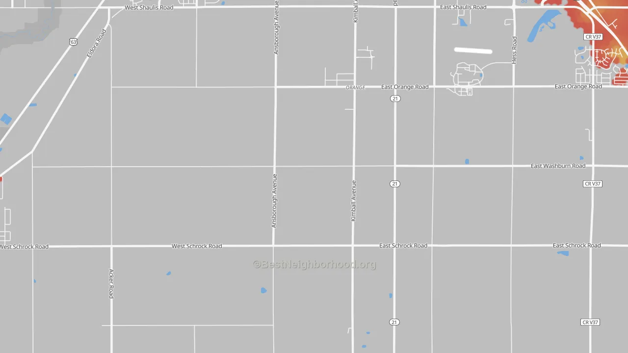 Walk Grade map of Orange, IA, walkable areas in green and car-dependent areas in red