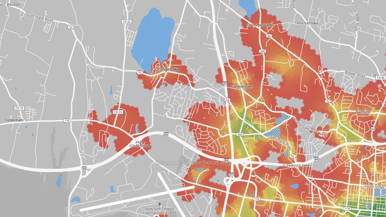 Walk Grade map of Orange Lake, NY, walkable areas in green and car-dependent areas in red