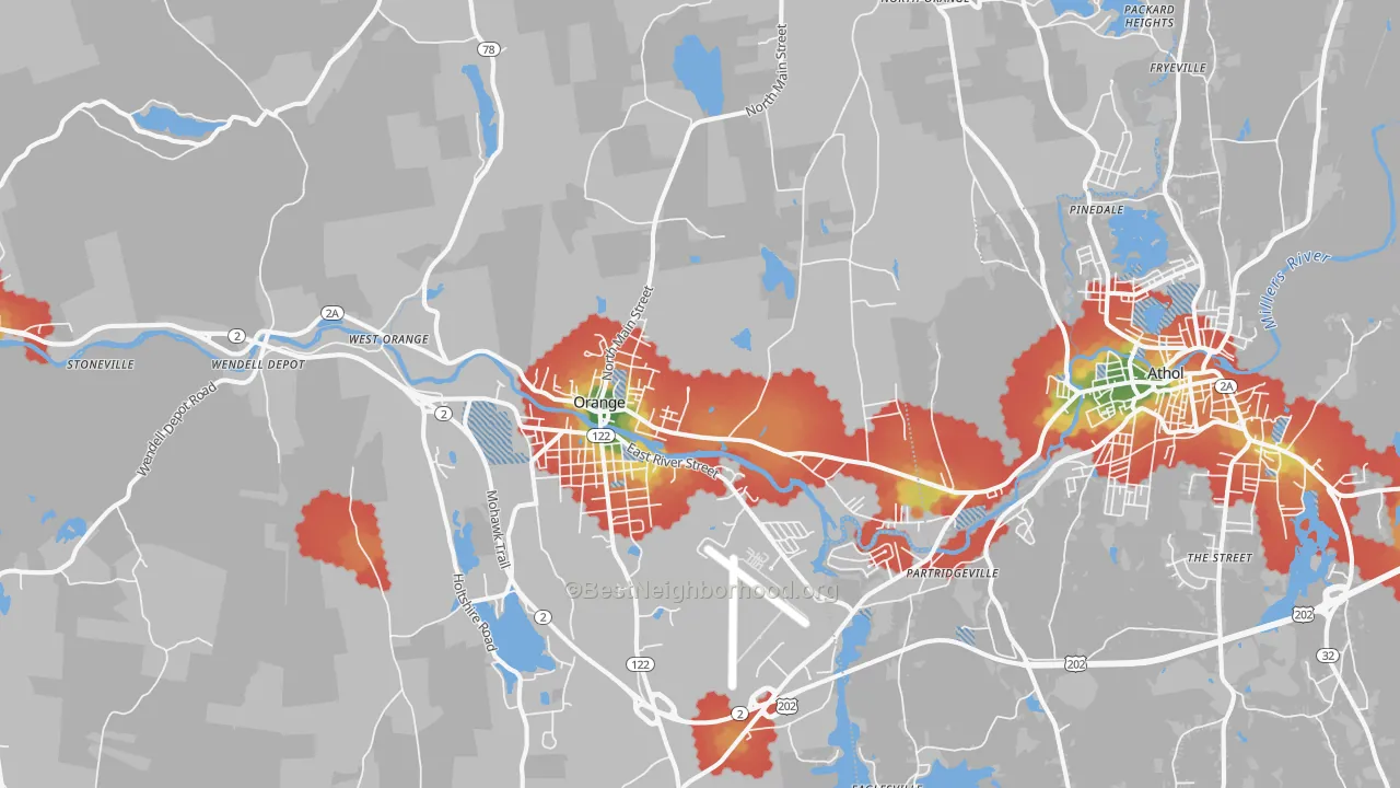Walk Grade map of Orange, MA, walkable areas in green and car-dependent areas in red