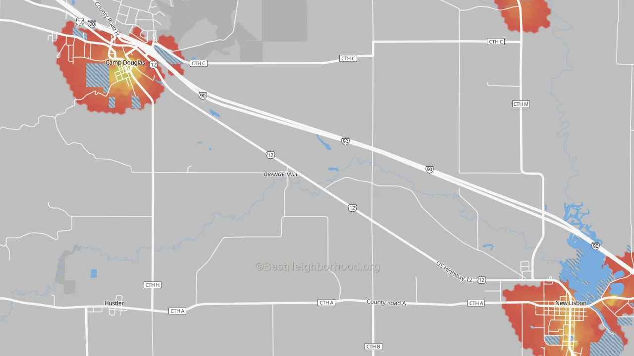 Walk Grade map of Orange Mill, WI, walkable areas in green and car-dependent areas in red