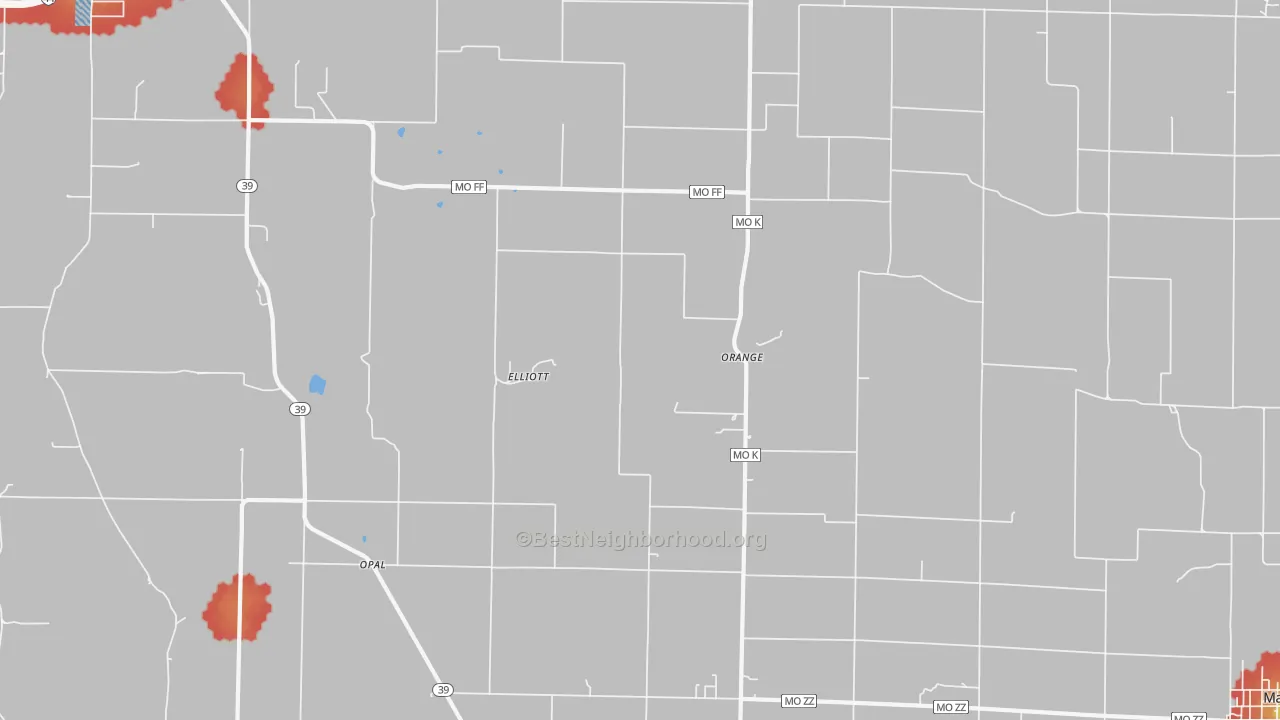 Walk Grade map of Orange, MO, walkable areas in green and car-dependent areas in red