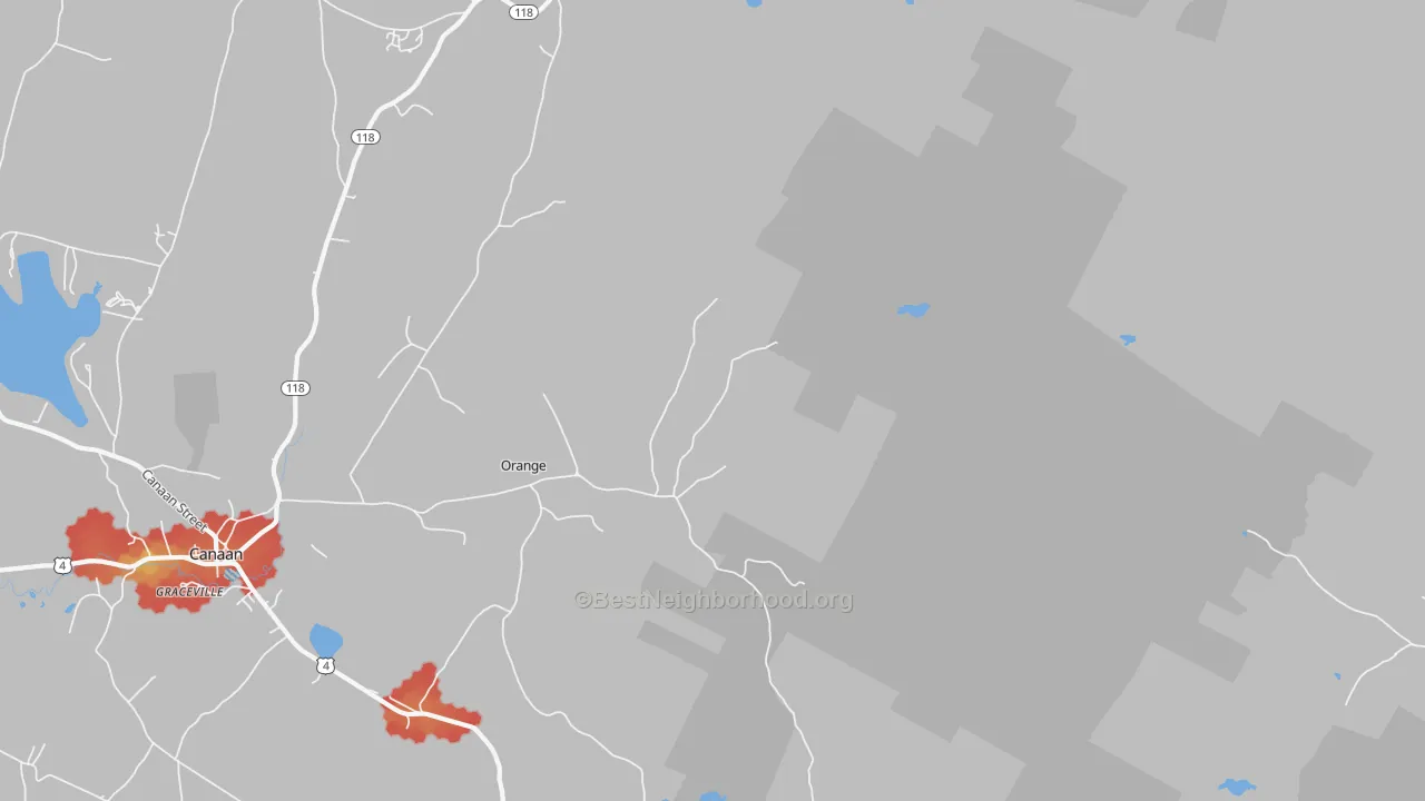 Walk Grade map of Orange, NH, walkable areas in green and car-dependent areas in red