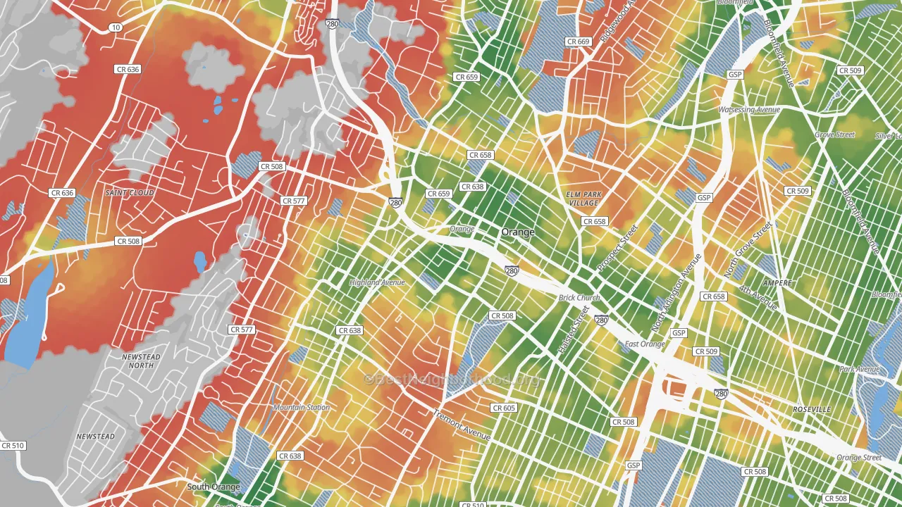 Walk Grade map of Orange, NJ, walkable areas in green and car-dependent areas in red