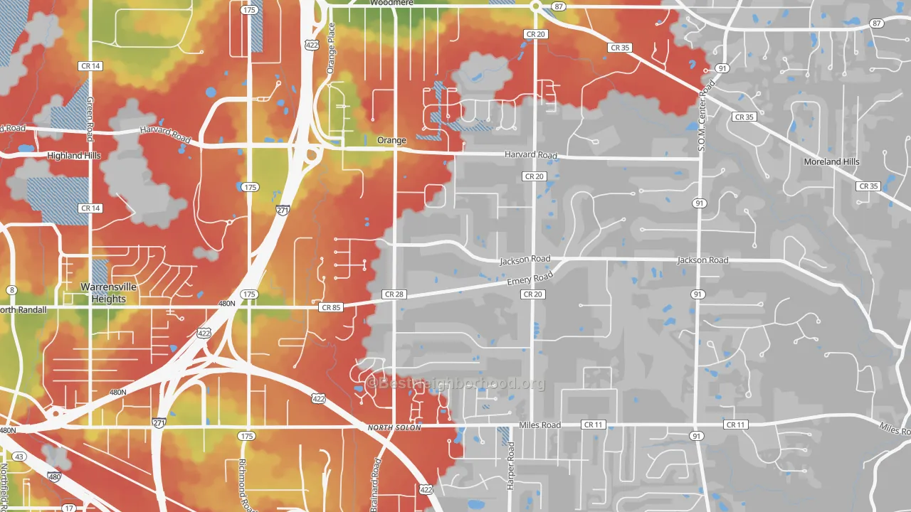 Walk Grade map of Orange, OH, walkable areas in green and car-dependent areas in red