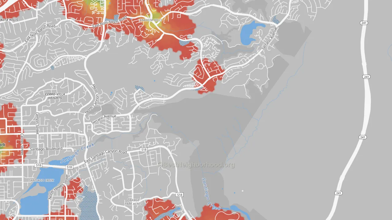 Walk Grade map of Orange Park Acres, CA, walkable areas in green and car-dependent areas in red