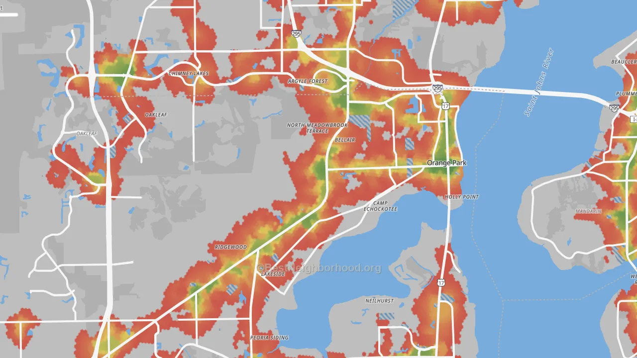 Walk Grade map of Orange Park, FL, walkable areas in green and car-dependent areas in red