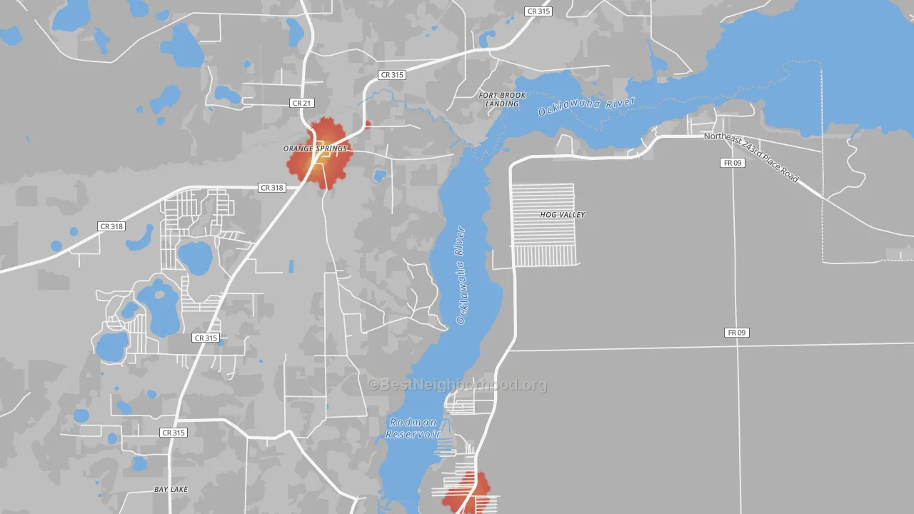 Walk Grade map of Orange Springs, FL, walkable areas in green and car-dependent areas in red