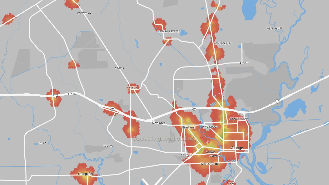 Walk Grade map of Orange, TX, walkable areas in green and car-dependent areas in red