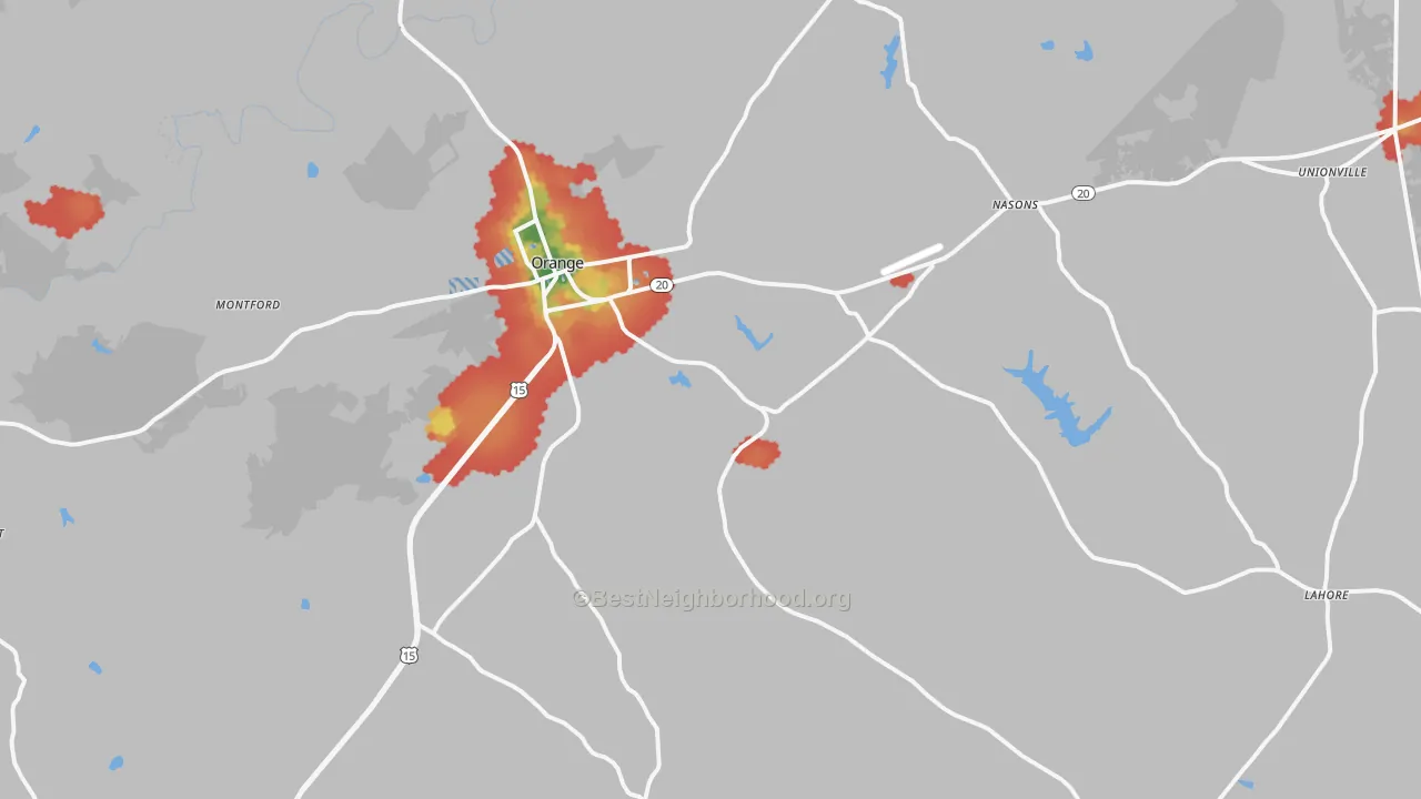 Walk Grade map of Orange, VA, walkable areas in green and car-dependent areas in red