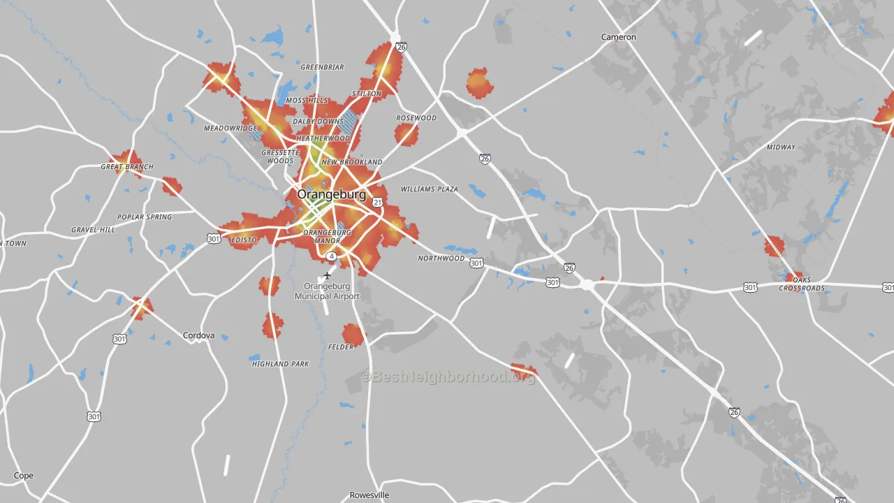 Walk Grade map of Orangeburg County, SC, walkable areas in green and car-dependent areas in red