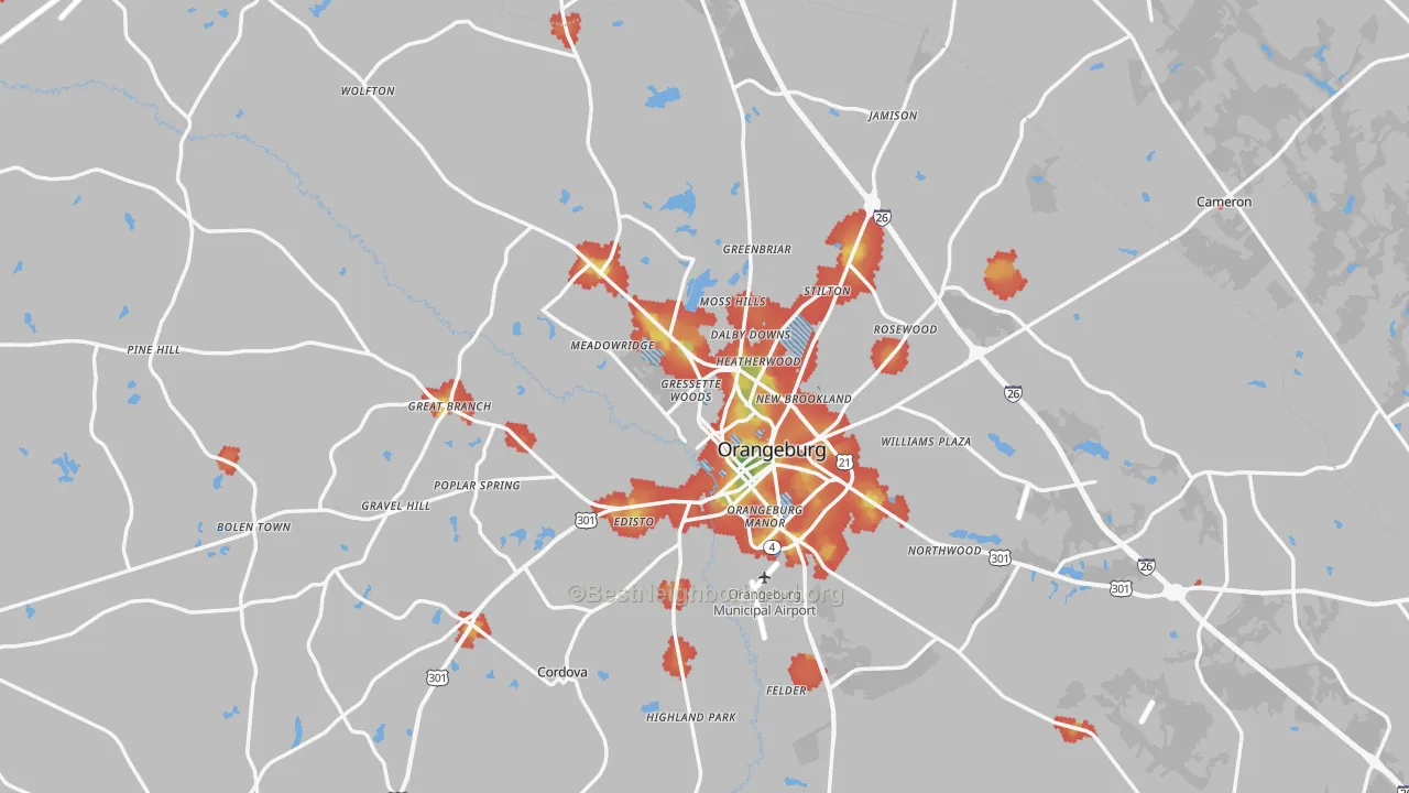 Walk Grade map of Orangeburg, SC, walkable areas in green and car-dependent areas in red