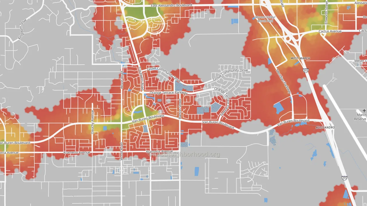 Walk Grade map of Orangecrest, Riverside, CA, walkable areas in green and car-dependent areas in red