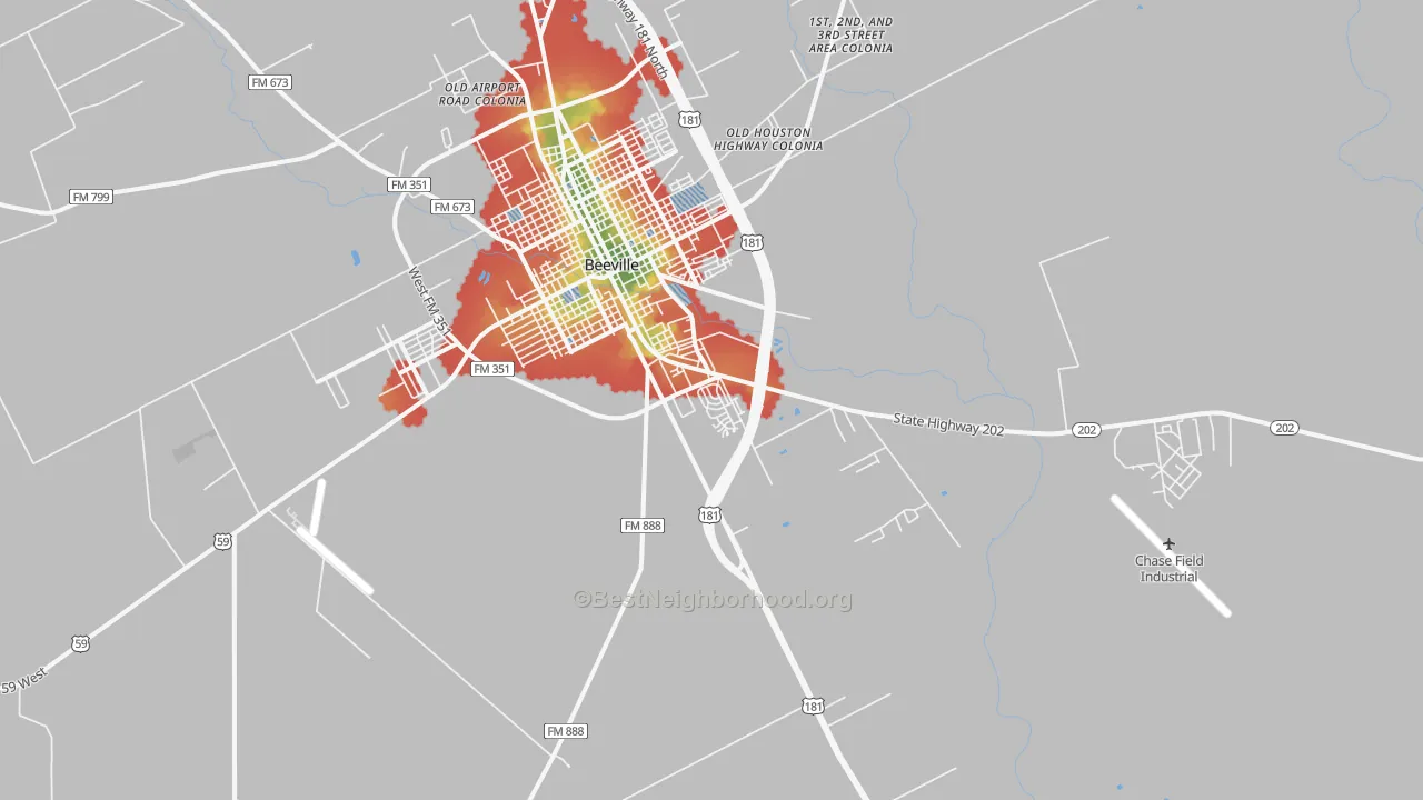 Walk Grade map of Orangedale, TX, walkable areas in green and car-dependent areas in red