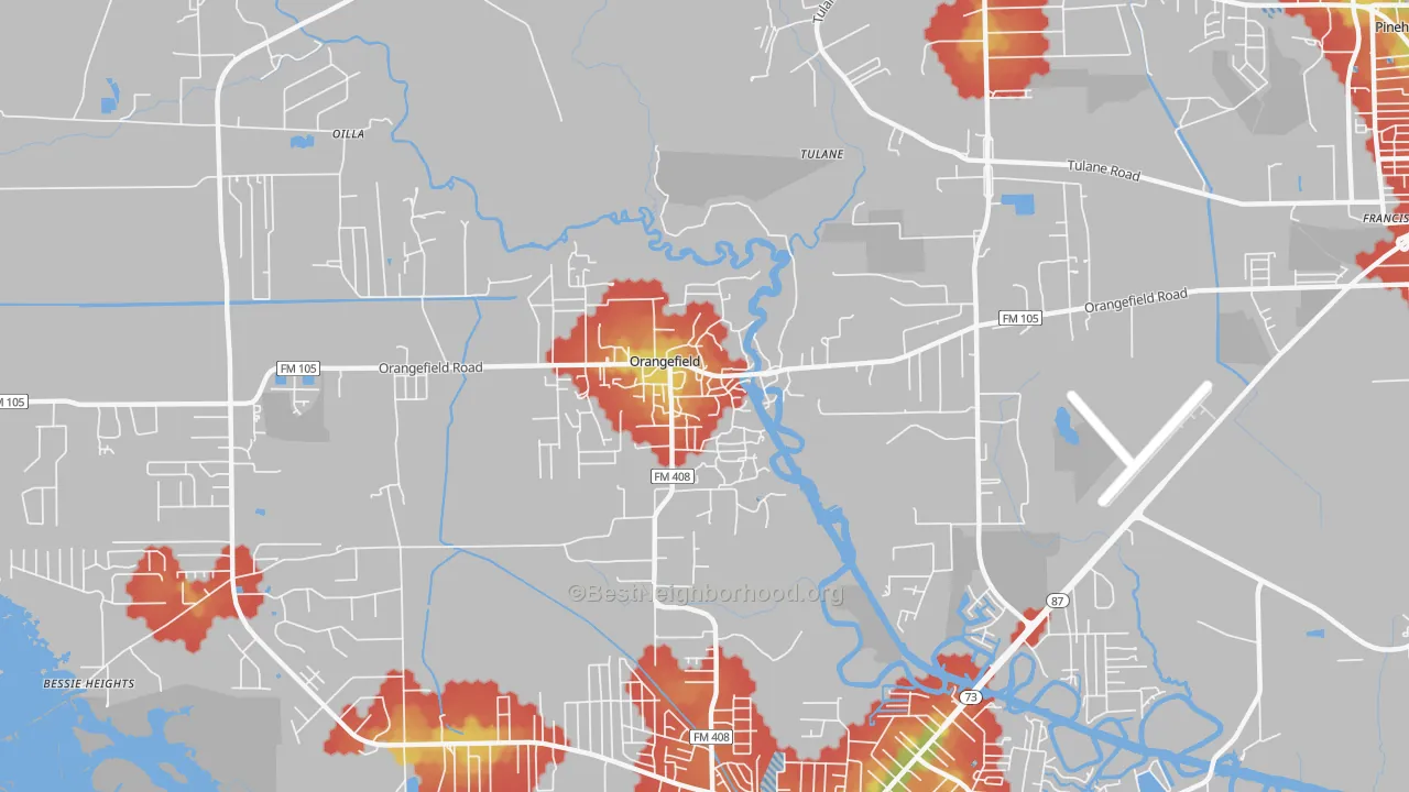 Walk Grade map of Orangefield, TX, walkable areas in green and car-dependent areas in red