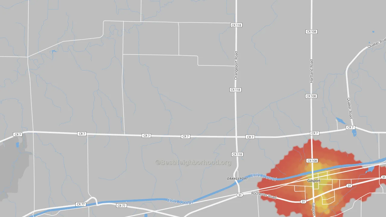 Walk Grade map of Orangeport, NY, walkable areas in green and car-dependent areas in red