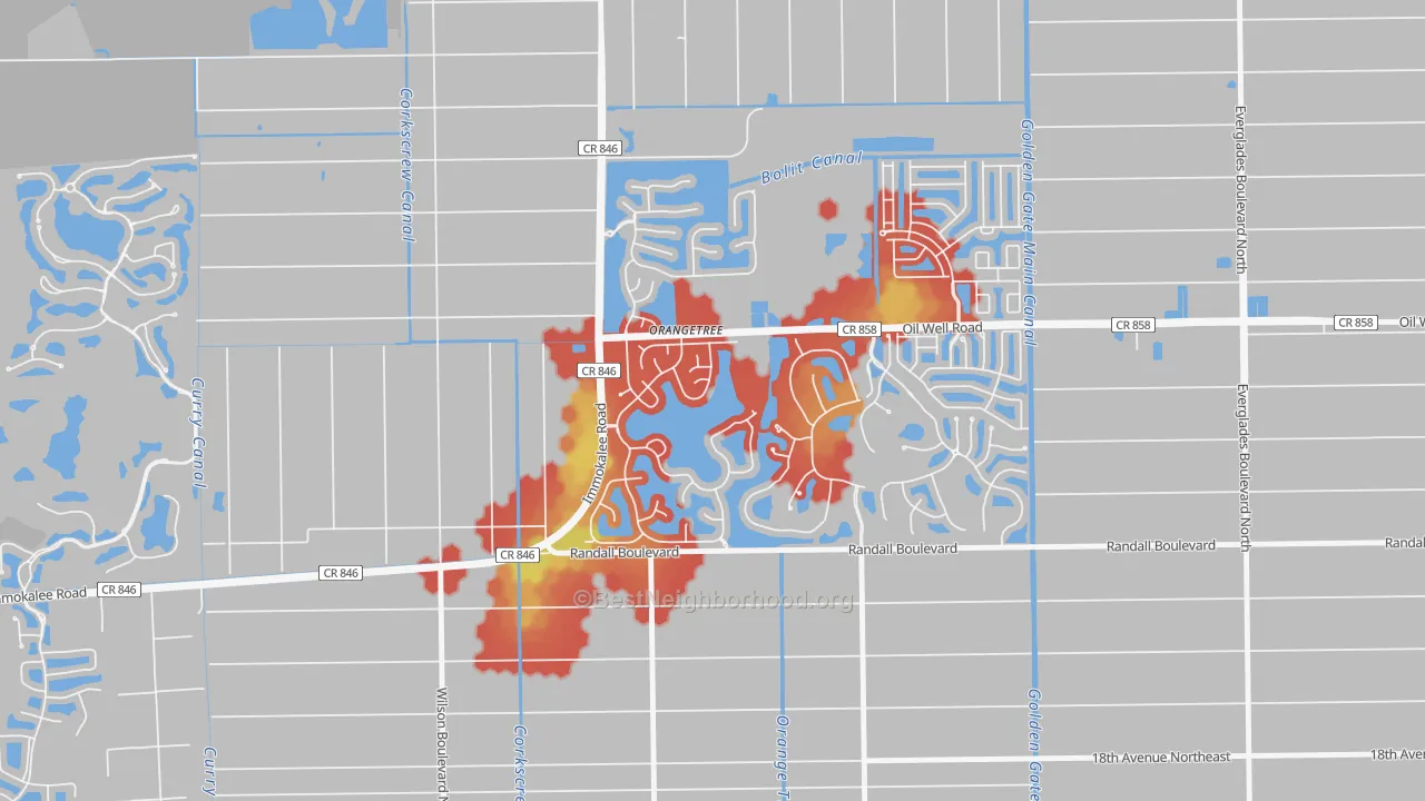 Walk Grade map of Orangetree, Naples, FL, walkable areas in green and car-dependent areas in red
