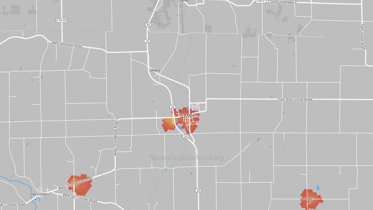 Walk Grade map of Orangeville, IL, walkable areas in green and car-dependent areas in red